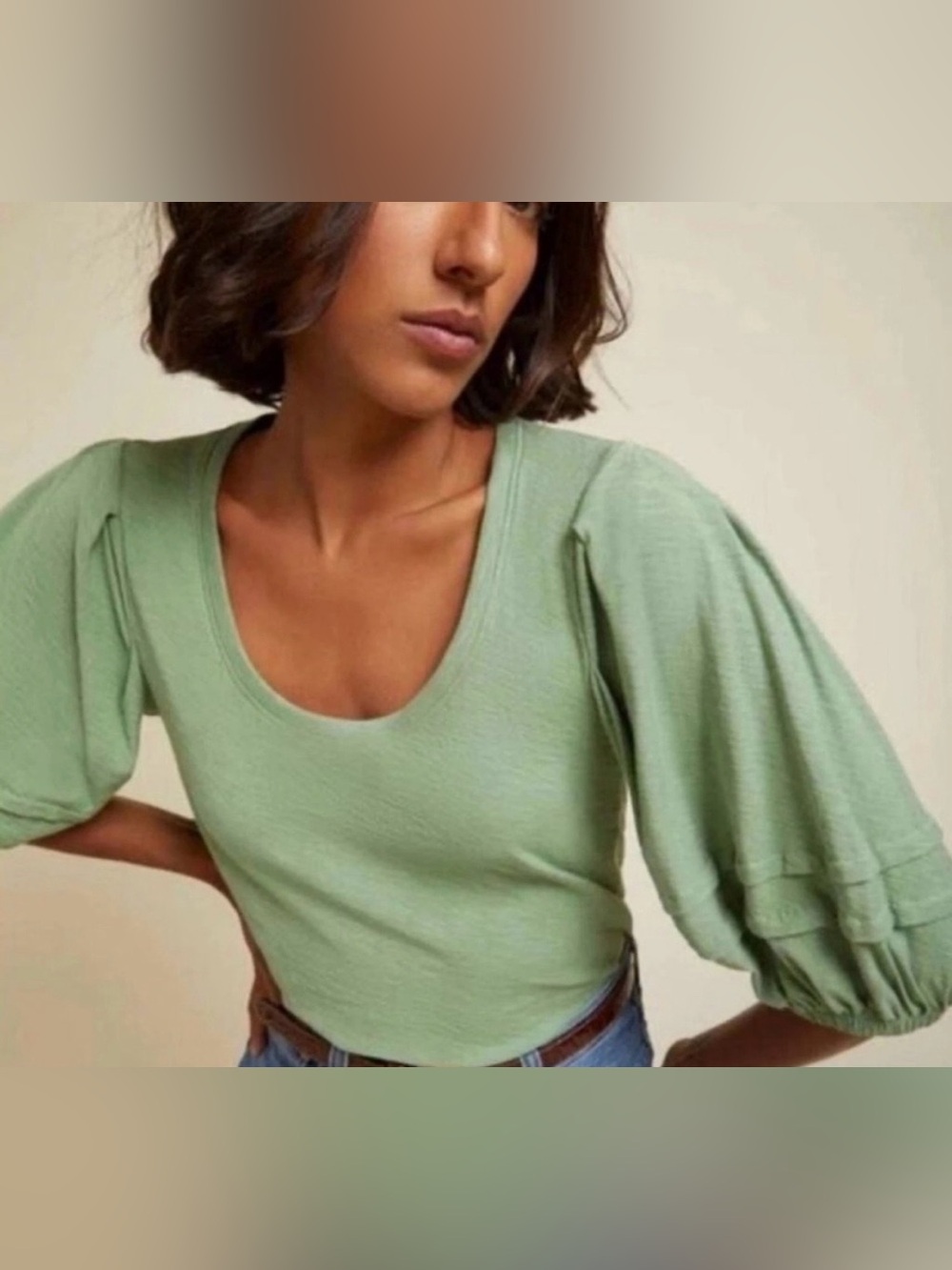 Nation LTD Puff Sleeve Scoop Neck Top in Sage Green